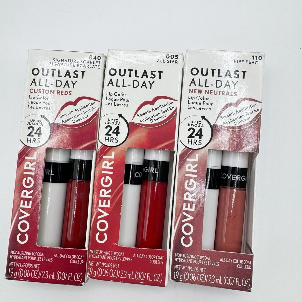 Lot 3 Covergirl Outlast All Day Lip Color + Topcoat All Star Ripe Peach Scarlet